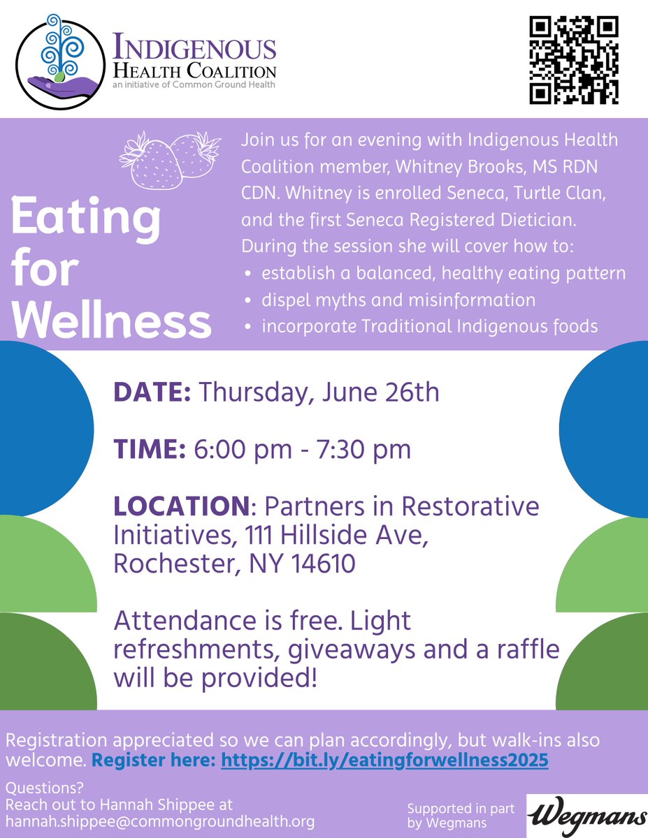 Common Ground Health (@commongroundh) on Twitter photo On June 26 at 6 pm at <a href="/PiRIRochester/">Partners in Restorative Initiatives (PiRI)</a>, join us for an evening with Indigenous Health Coalition member and dietician Whitney Brooks, MS RDN CDN.
Registration appreciated: ow.ly/yoCA50W9iTH On June 26 at 6 pm at <a href="/PiRIRochester/">Partners in Restorative Initiatives (PiRI)</a>, join us for an evening with Indigenous Health Coalition member and dietician Whitney Brooks, MS RDN CDN.
Registration appreciated: ow.ly/yoCA50W9iTH