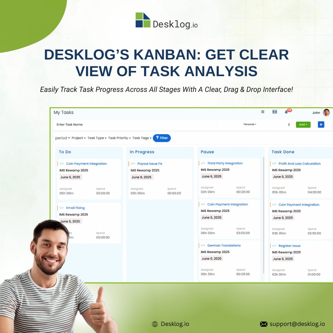 desklog's tweet image. Lost In Tasks?
Desklog’s Kanban Board brings clarity with a simple drag-and-drop flow.
Track Smarter, Finish Faster!
👉 Try Desklog Today
Visit: desklog.io
#desklog #freetimetrackingsoftware #employeeProductivity  #timetrackingsoftware