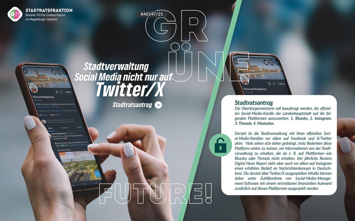 Wir wollen das die Magdeburger Stadtverwaltung ihre Social Media Arbeit auf weitere Platformen ausweitet, darum haben wir dafür einen Antrag im Stadtrat gestellt, der nächste Woche behandelt wird. 
Zum Antrag:
ratsinfo.magdeburg.de/vo0050.asp?__k…