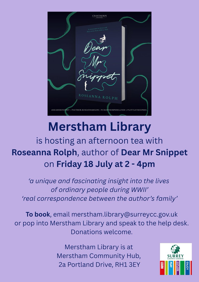 MersthamLibrary's tweet image. Four weeks to go until we welcome Roseanna Rolph to talk about her fascinating book Dear Mr Snippert Friday 18 July 2pm FREE Donations Welcome book here merstham.library@surreycc.gov.uk #loveyourlibrary #lovetoread @roseannarolph