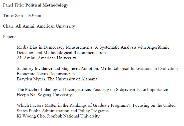 SPSAnews's tweet image. The SPSA 2025 Virtual Conference kicks off in just a few minutes! Our first panel is on Political Methodology, featuring research on measures of media bias and ideology. Come check it out! #SPSA2025