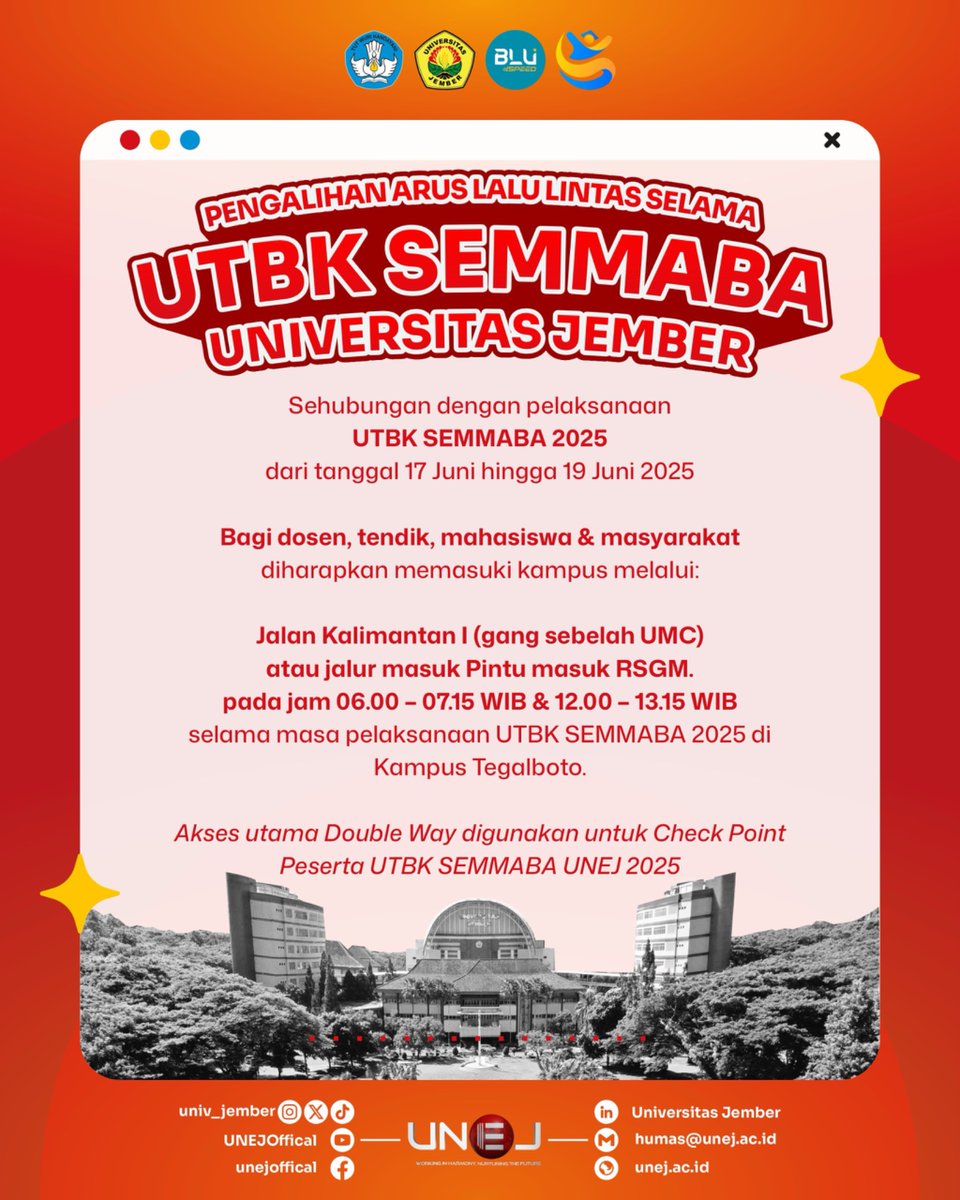 Akses jalur utama #UNEJ ditutup selama UTBK SEMMABA berlangsung.

Mohon gunakan jalur alternatif pada jalan Kalimantan gang sebelah UMC dan pintu masuk RSGM.