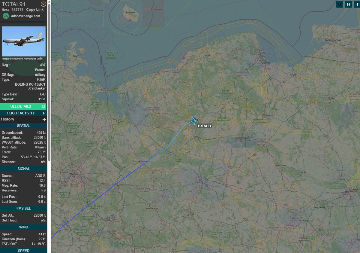 PolishMilRadar's tweet photo. 📅16.06⌚️12:52LT
Do strefy TSA29 KATE przyleciał ✈️ #TOTAL91 Boeing KC-135RG Sił Powietrznych Francji 🇫🇷, który wystartował z bazy Istres-Le Tube #LFMI. Wkrótce rozpocznie się tankowanie myśliwców.
🔗https://t.co/EXlJShiLIa
#POLMILRADAR https://t.co/9KkqwS1UFn
