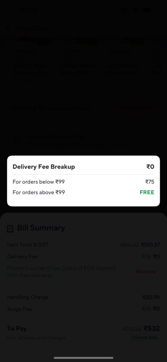 SAHIBNOOR1996's tweet image. @ZeptoNow Can someone explain the math here?

Promo Voucher: ₹125 off
Actual discount: ~₹50
Item total + GST dropped from ₹211.68 to ₹155.68
But I still paid ₹171 after all charges.

Where did the rest of the ₹125 go? 🤔
#Zepto #TransparencyPlease