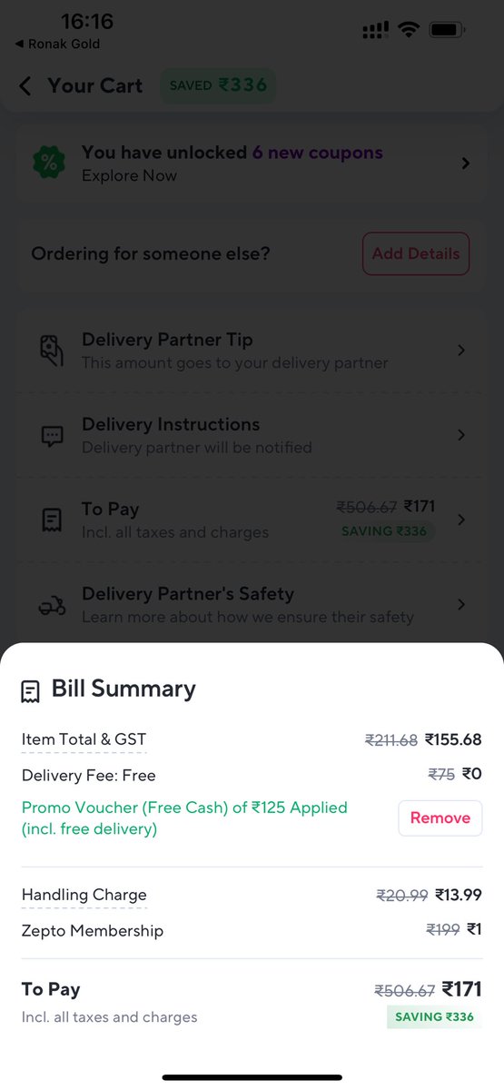SAHIBNOOR1996's tweet image. @ZeptoNow Can someone explain the math here?

Promo Voucher: ₹125 off
Actual discount: ~₹50
Item total + GST dropped from ₹211.68 to ₹155.68
But I still paid ₹171 after all charges.

Where did the rest of the ₹125 go? 🤔
#Zepto #TransparencyPlease