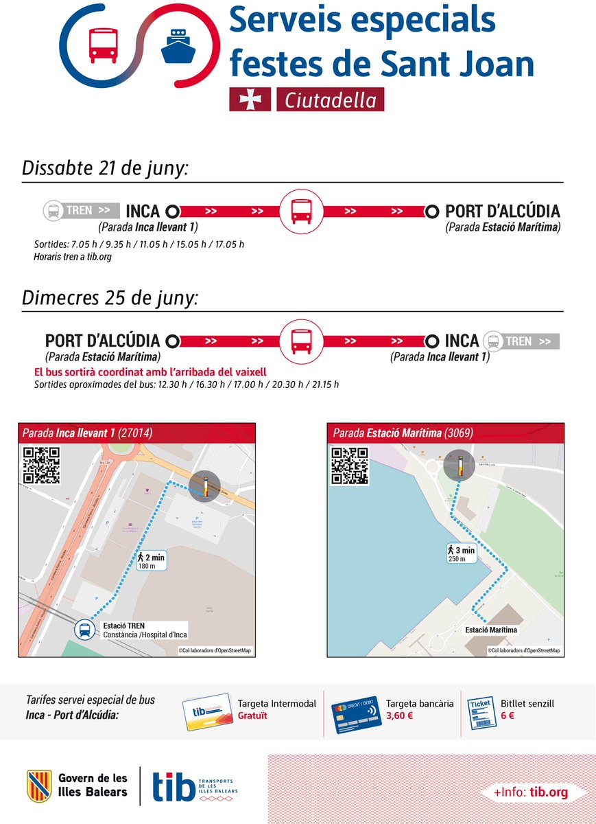 📢 Serveis especials de bus: festes de Sant Joan (Ciutadella).
👉Dissabte  21 i dimecres 25:  busos llançadora entre Inca (parada Inca  Llevant) i el Port d'Alcúdia (parada Estació Marítima).
👉Es pot arribar a Inca amb tren (estació Constància/Hosp. d'Inca)  o  amb bus del TIB.