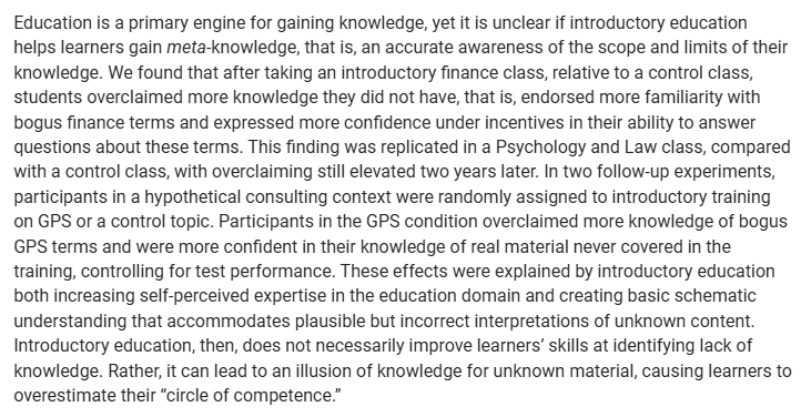 DTWillingham's tweet image. An introductory course makes people think they know more about a subject than they do. pubsonline.informs.org/doi/abs/10.128…