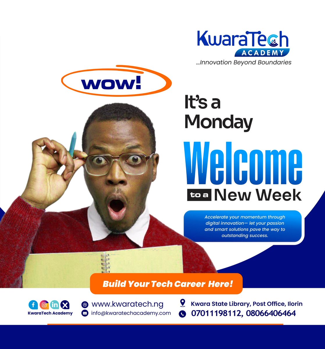 Kwaratechacad's tweet image. Happy New Week! 
This week, give yourself permission to grow
Start your tech career here, with a community that sees you,supports you&amp;amp;is rooting for your success every step of the way

Let’s take that first step together.
You’ve got this. #AI #UIUX
 #learntechinilorin #kwaratech
