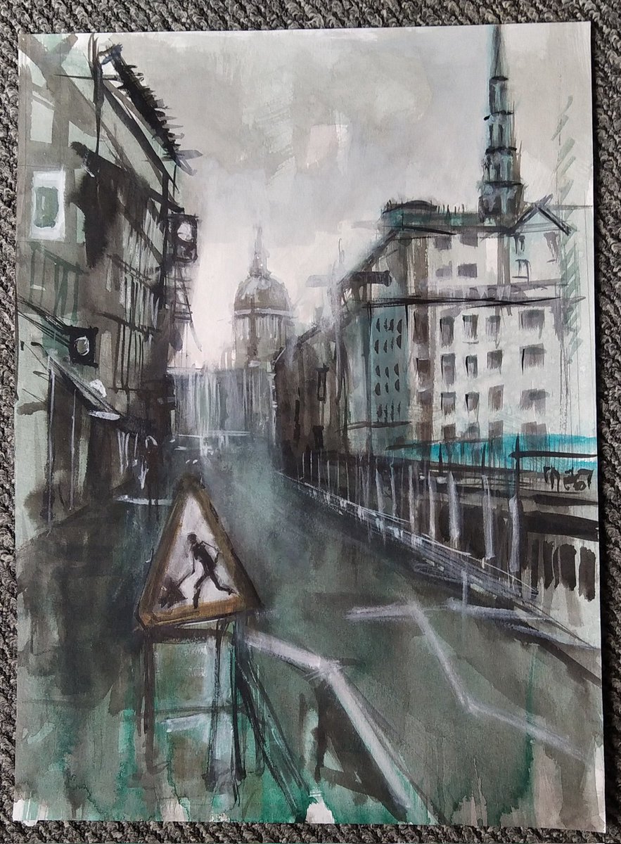 Study in ink and pastel 
Approaching St Pauls Cathedral in the rain