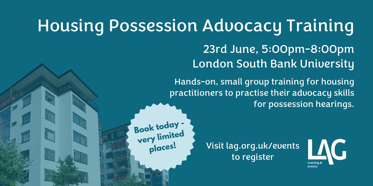 ❗️ Don't miss our Housing Possession Advocacy Training on 23 June! 
🏠 Essential training for housing practitioners working on the duty scheme
🗣️ Hands-on, small group session to practise advocacy skills
👉 Register today - limited places remaining tinyurl.com/LAGHPAT1