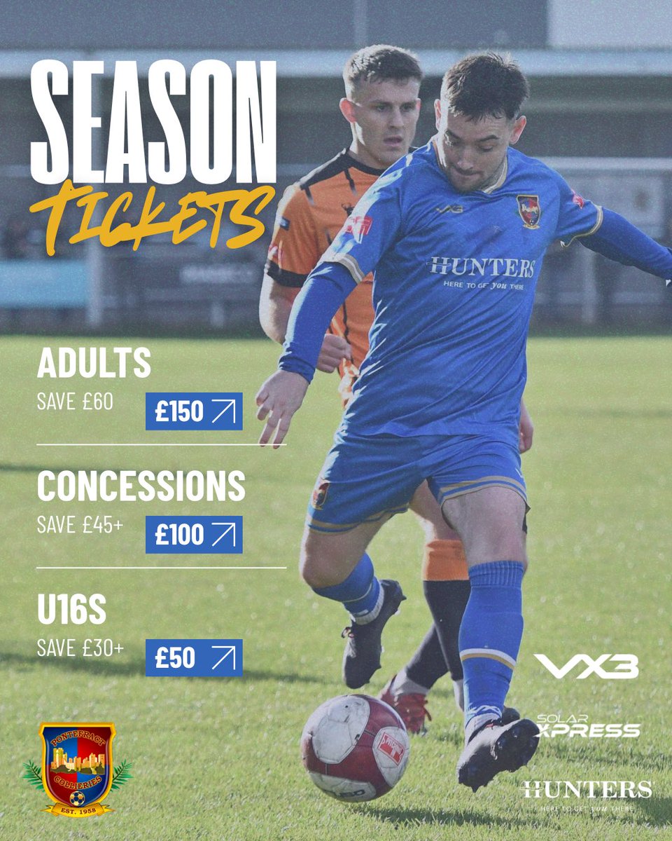 𝘽𝙖𝙘𝙠 𝙏𝙝𝙚 𝘾𝙤𝙡𝙡𝙨 💪

Season tickets for 2025/26 are now on sale – and they’re better value than ever.

🔵 Adults – Save £60
🟡 Concessions – Save £45+
⚫ U16s – Save £30+

Get behind YOUR team, all season long!

👉 Get yours online at pontefractcollieries.com/2025-26-season…

#UTC