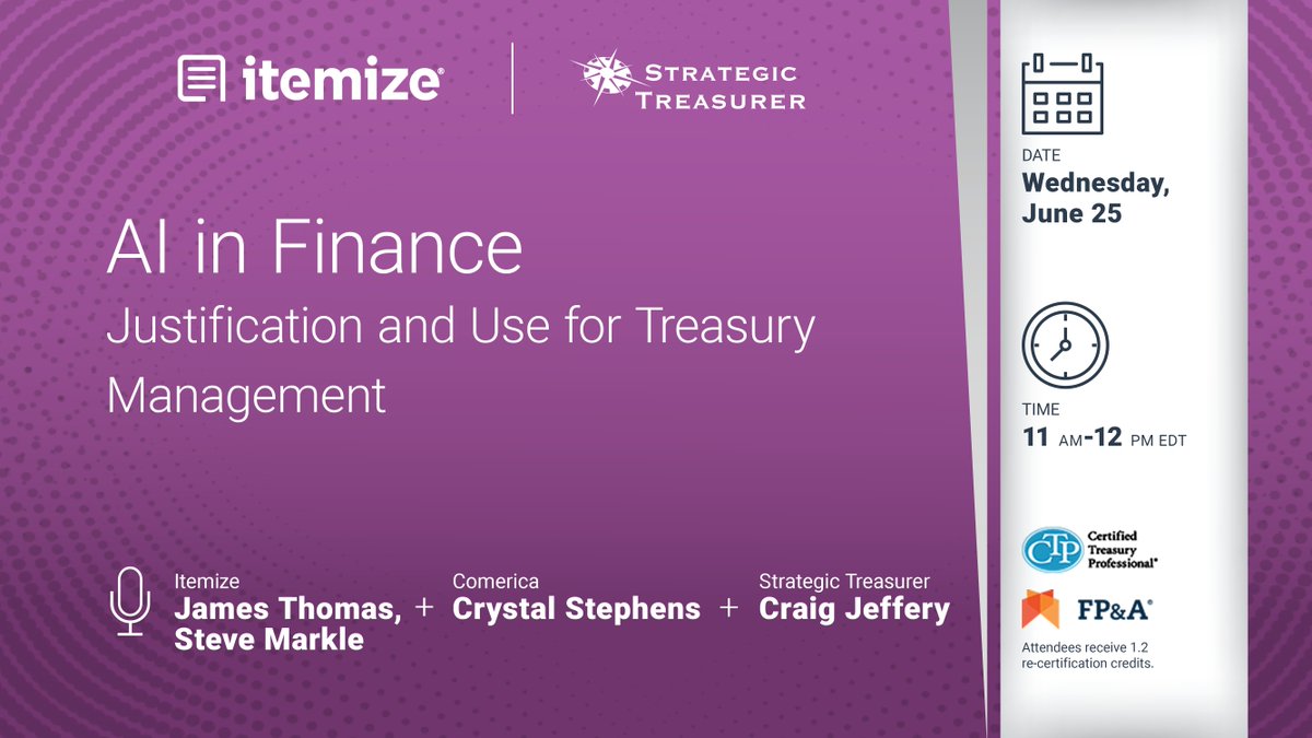Join us to explore real use cases of machine learning, generative &amp; agentic AI in finance—and how treasurers can use them to drive real impact.

Register now: strategictreasurer.com/webinar-ai-in-…