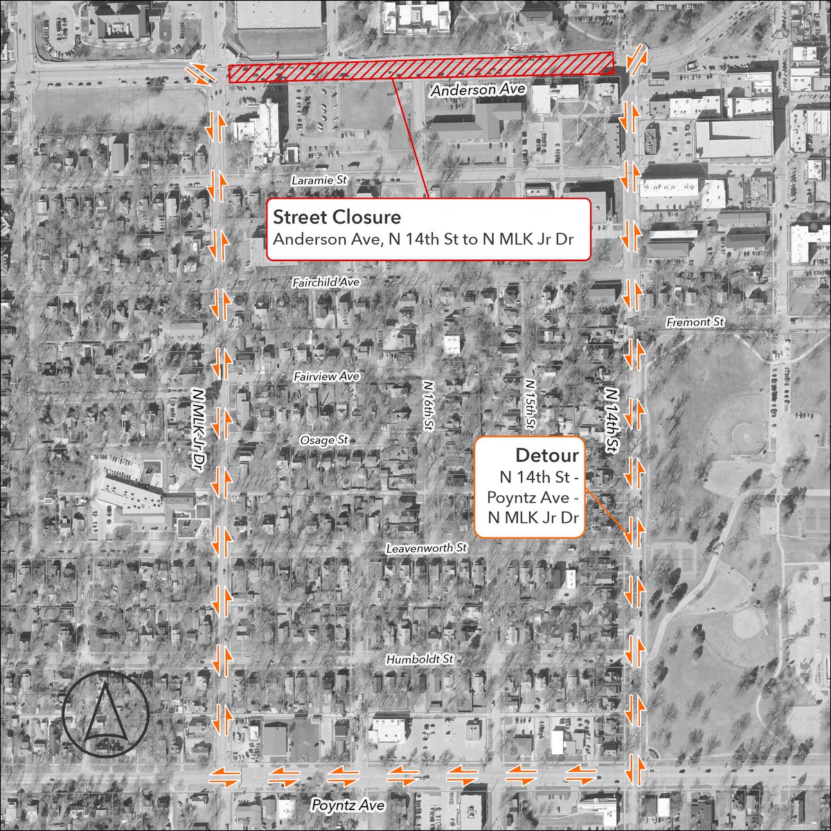 Anderson Avenue will be closed between 14th and 17th streets for a minimum of 2 hours, starting at 9 a.m. today (June 16), so that City crews can disassemble and remove a pedestrian crossing signal that no longer works. See map for detour details!