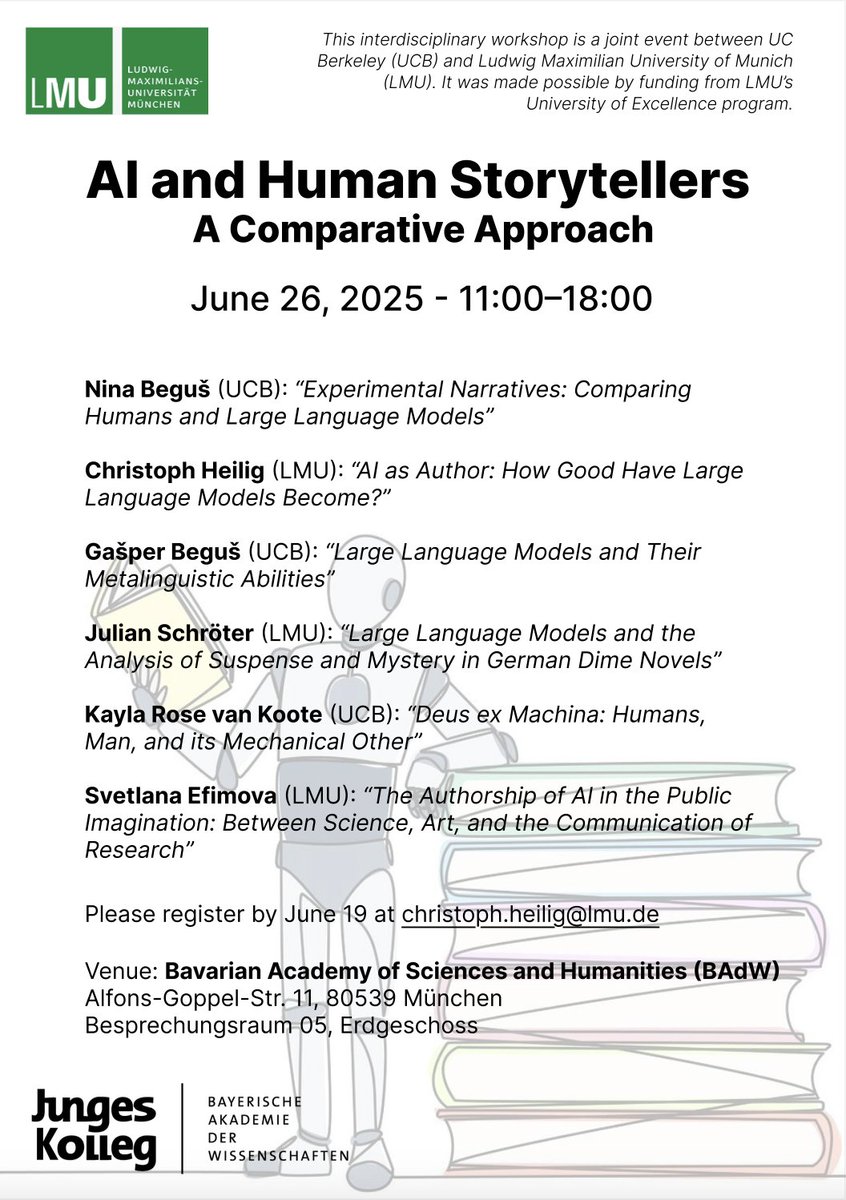 Nina Beguš (@ninabegus) on Twitter photo We are running a workshop and AI and narratives on June 26 at the Bavarian Academy!
Please register by June 19 at christoph.heilig@lmu.de <a href="/ChristophHeilig/">Christoph Heilig</a> We are running a workshop and AI and narratives on June 26 at the Bavarian Academy!
Please register by June 19 at christoph.heilig@lmu.de <a href="/ChristophHeilig/">Christoph Heilig</a>