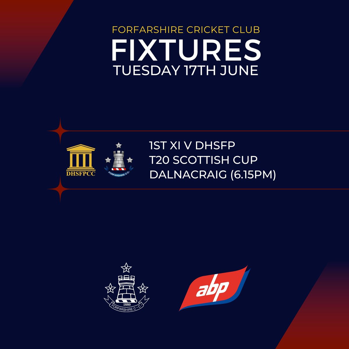 T20 Scottish Cup

After a Saturday washout, Forfarshire are back in action tomorrow night in the T20 Scottish Cup.

Tuesday 17th June
1️⃣ DHSFP v Forfarshire at Dalnacraig (6.15pm)