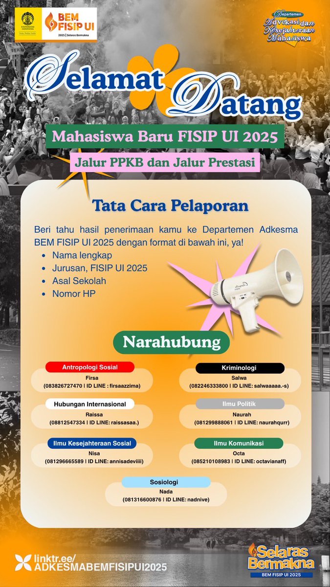 aenin's tweet image. SELAMAT DATANG MAHASISWA BARU UI SOSIOLOGI 2025 SOS 25 SOSIO UNIVERSITAS INDONESIA JALUR PPKB DAN PRESTASI 🥹❤️ JANGAN LUPA LAPOR DIRI #Welcome #CongratsPahlawan #FISIPUI