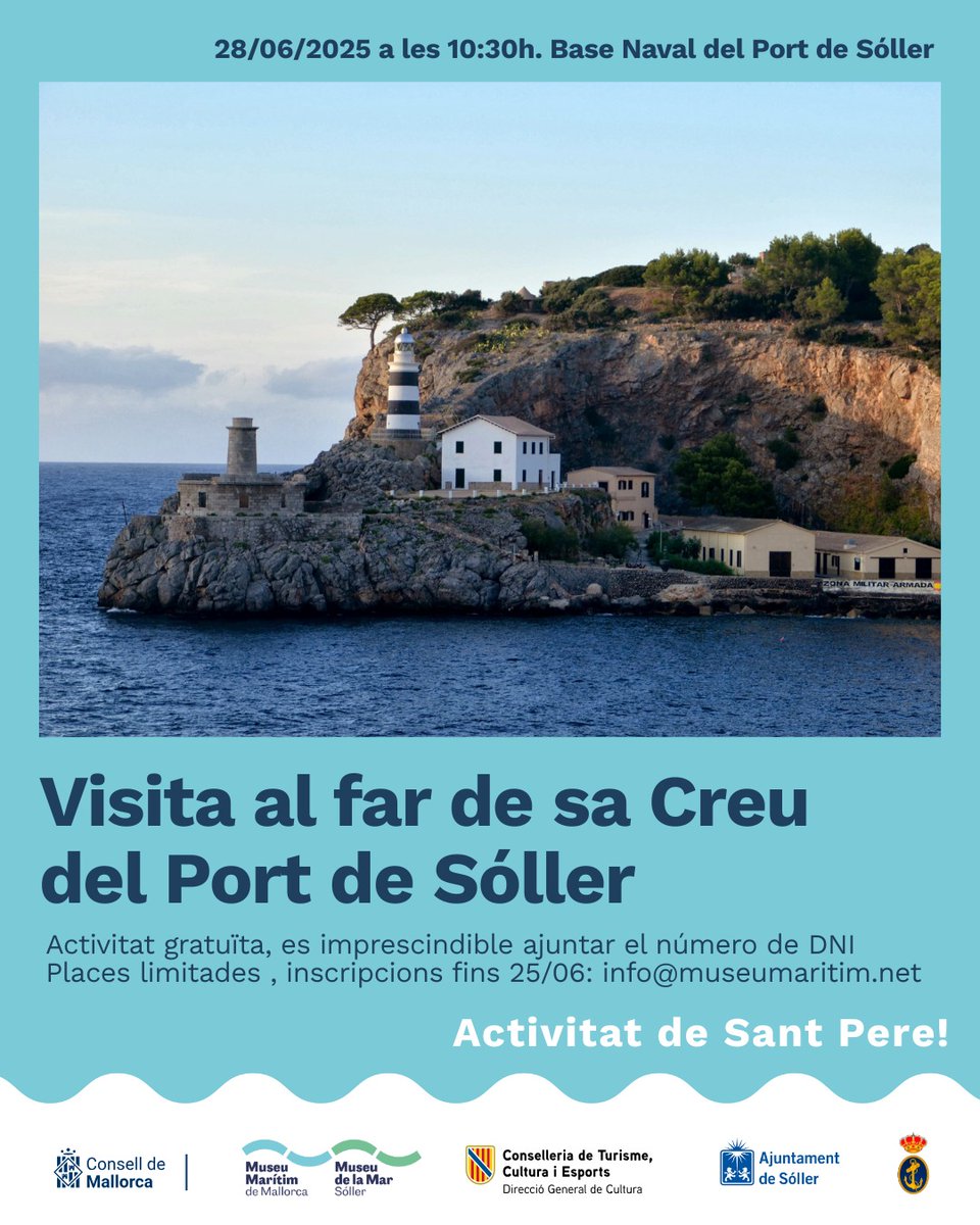 📅El 28 de juny t'esperam al Port de Sóller per dues activitats gratuïtes dins les festes de Sant Pere:
📍Passeig històric pel Port (10.00 h)
📍Visita al far de sa Creu (10.30 h) inscripcions info@museumaritim.net 

#MuseuMarítimMallorca
#PortdeSóller
#PatrimoniMarítim