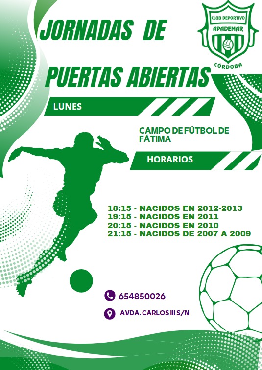 Hoy Lunes continuamos con nuestras Jornadas de puertas abiertas, solo fútbol 11.

Pide información sin compromiso!

#CDApademar #TodoAlVerde