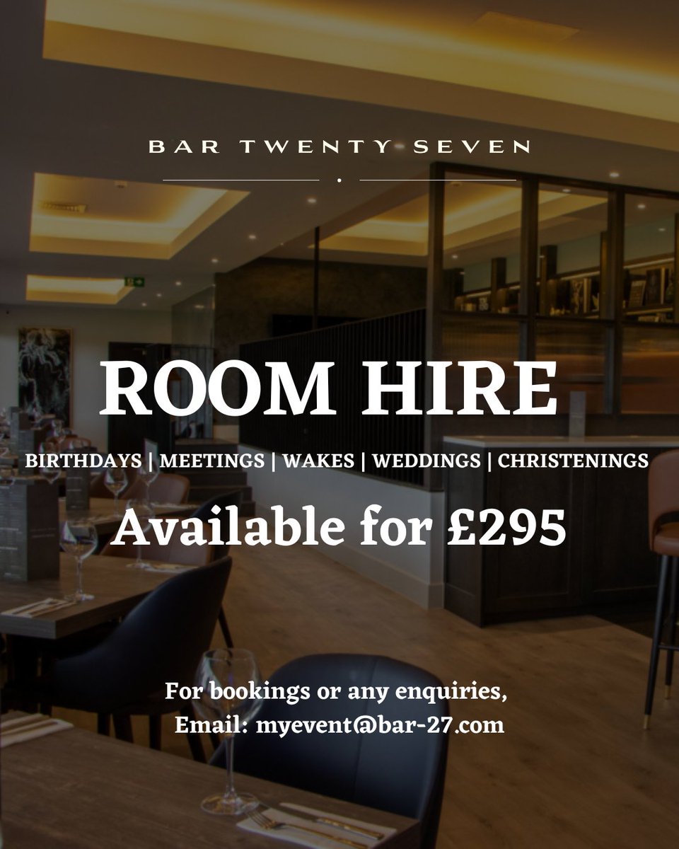 Macclesfield FC (C) (@thesilkmen) on Twitter photo Looking for a venue to host your next event, why not look at the Westwood VIP Lounge in Bar Twenty Seven📅
Whatever your event is, we can cater to your requirements!
Contact - myevent@bar-27.com for any enquiries 📧 Looking for a venue to host your next event, why not look at the Westwood VIP Lounge in Bar Twenty Seven📅
Whatever your event is, we can cater to your requirements!
Contact - myevent@bar-27.com for any enquiries 📧