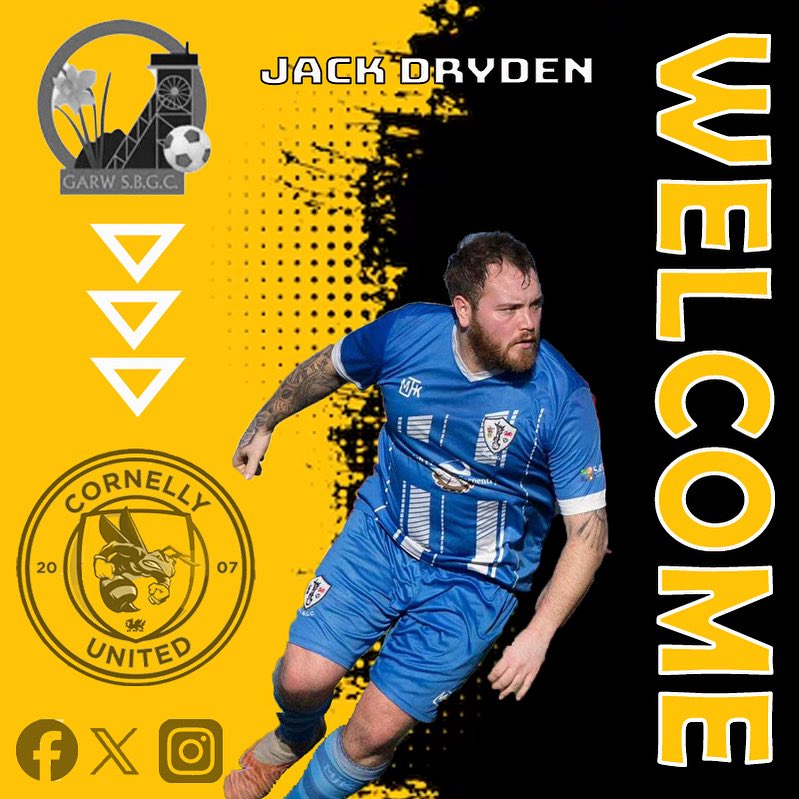✍🏻 🐝 Dryden Joins the wasps ✍🏻🐝

Jack Dryden has agreed in principle to join Cornelly United football club.

Jack who will be a huge addition to the squad with his vast experience at playing alliance league level at Pencoed and last season was captain at Garw.

Welcome Jack 🐝