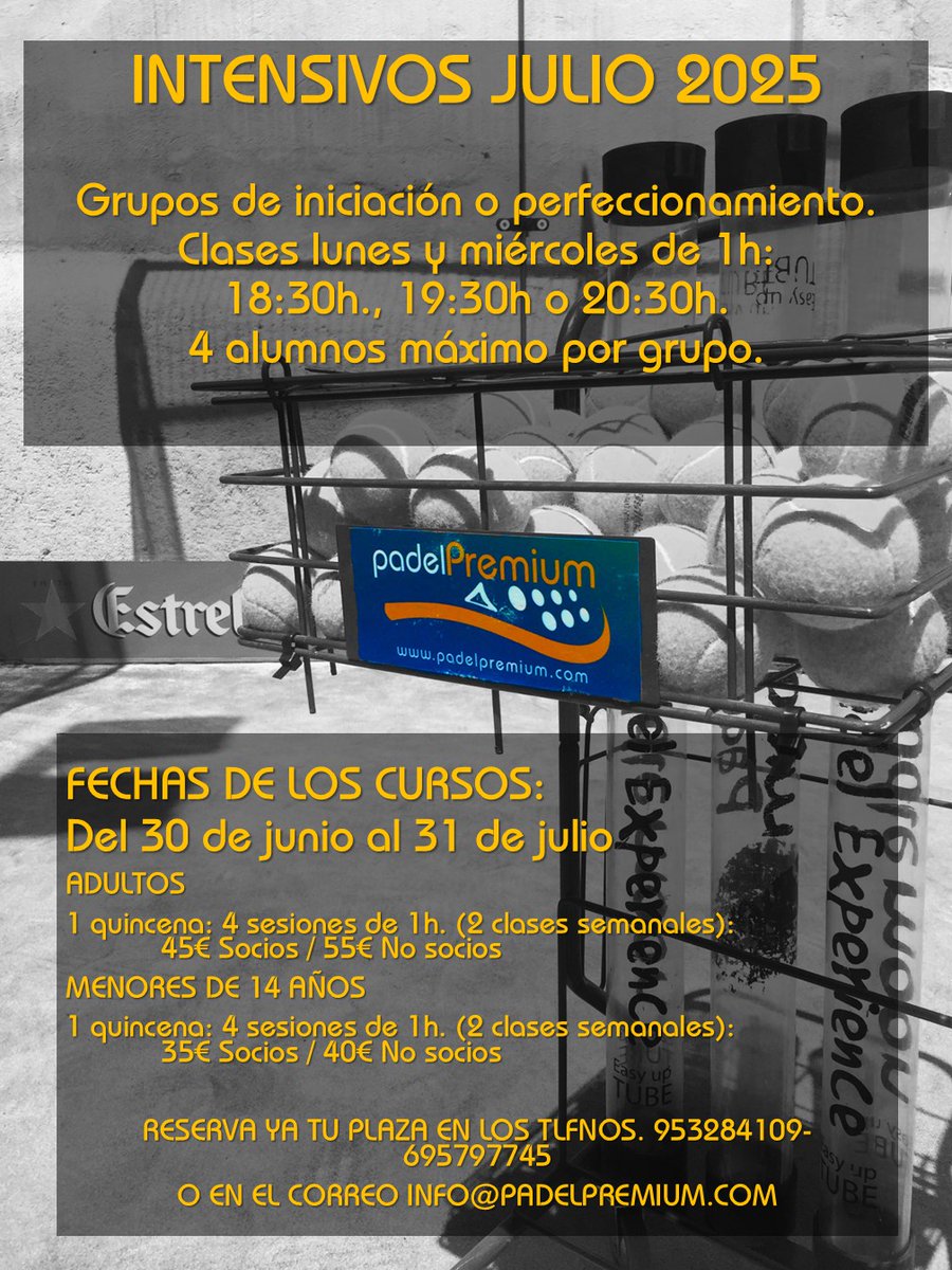 Cursos Intensivos de Verano 2025 en padelPremium.
Ya está abierto el plazo para que os podáis apuntar a los Cursos Intensivos de Pádel que daremos durante el próximo mes de Julio.
Puedes reservar tu plaza llamando al 953 284 109 ó 695 797 745 o por correo a info@padelpremium.com