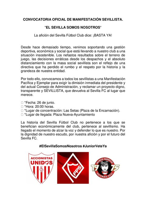 La Filigrana (@lafiligranasvq) on Twitter photo 📢 <a href="/birisoficial/">Biris Norte</a>, <a href="/fpsevillistas/">F. Peñas Sevillistas</a> y <a href="/Accionistas_SFC/">Accionistas Unidos 🇵🇱</a> convocan al sevillismo para una manifestación el 26 de junio a las 20:00h.
📍Desde Las Setas hasta la Plaza Nueva-Ayuntamiento
❌Contra la gestión del <a href="/SevillaFC/">Sevilla Fútbol Club</a> y sus dirigentes
✍️<a href="/_MiguelPG_/">Miguel PG</a> 📢 <a href="/birisoficial/">Biris Norte</a>, <a href="/fpsevillistas/">F. Peñas Sevillistas</a> y <a href="/Accionistas_SFC/">Accionistas Unidos 🇵🇱</a> convocan al sevillismo para una manifestación el 26 de junio a las 20:00h.
📍Desde Las Setas hasta la Plaza Nueva-Ayuntamiento
❌Contra la gestión del <a href="/SevillaFC/">Sevilla Fútbol Club</a> y sus dirigentes
✍️<a href="/_MiguelPG_/">Miguel PG</a>
