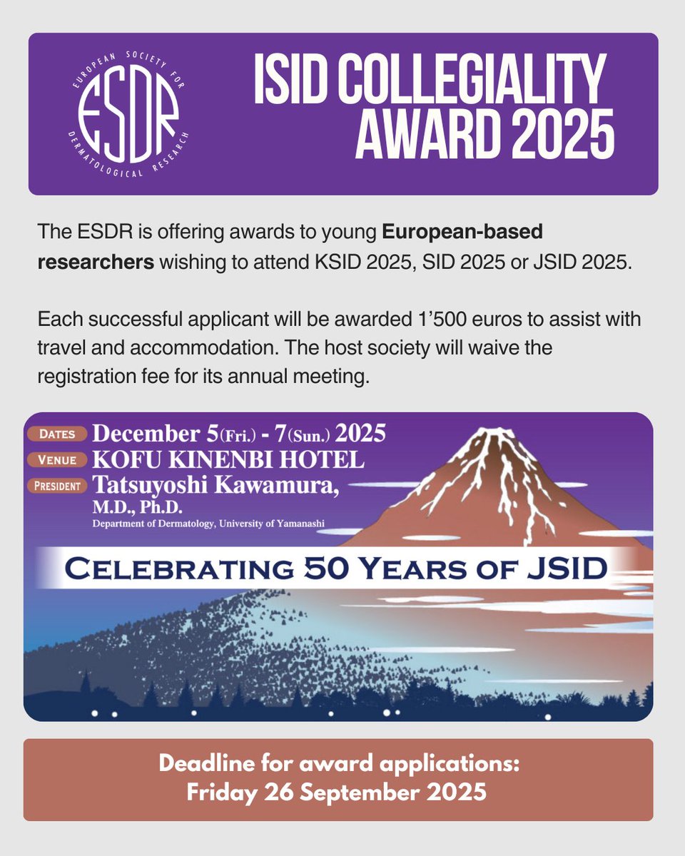 EXTENDED DEADLINE: 
The abstract submission deadline for the 50th JSID Annual Meeting has been extended to noon on June 26
jsid50.jda-conv.jp/En/

ISID collegiality award: esdr.org/award-page/isi…