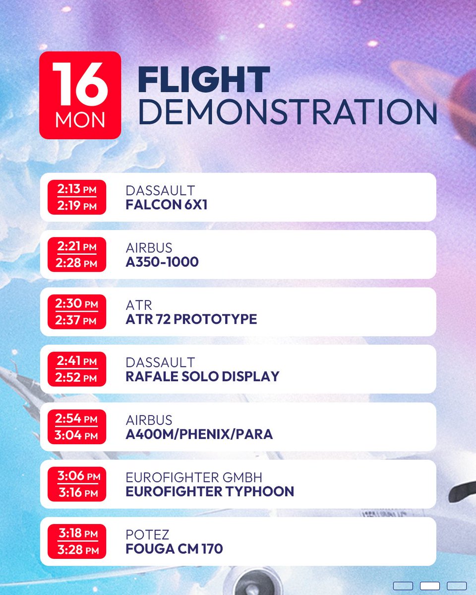 salondubourget's tweet photo. 📣 The flying display schedule is now available!
You can also find it on the official Air Show app or our website.
👀 The skies over Le Bourget are just getting started...

#PAS25 #ParisAirShow #FlyingDisplay #Day1 https://t.co/lckq0BrMhK