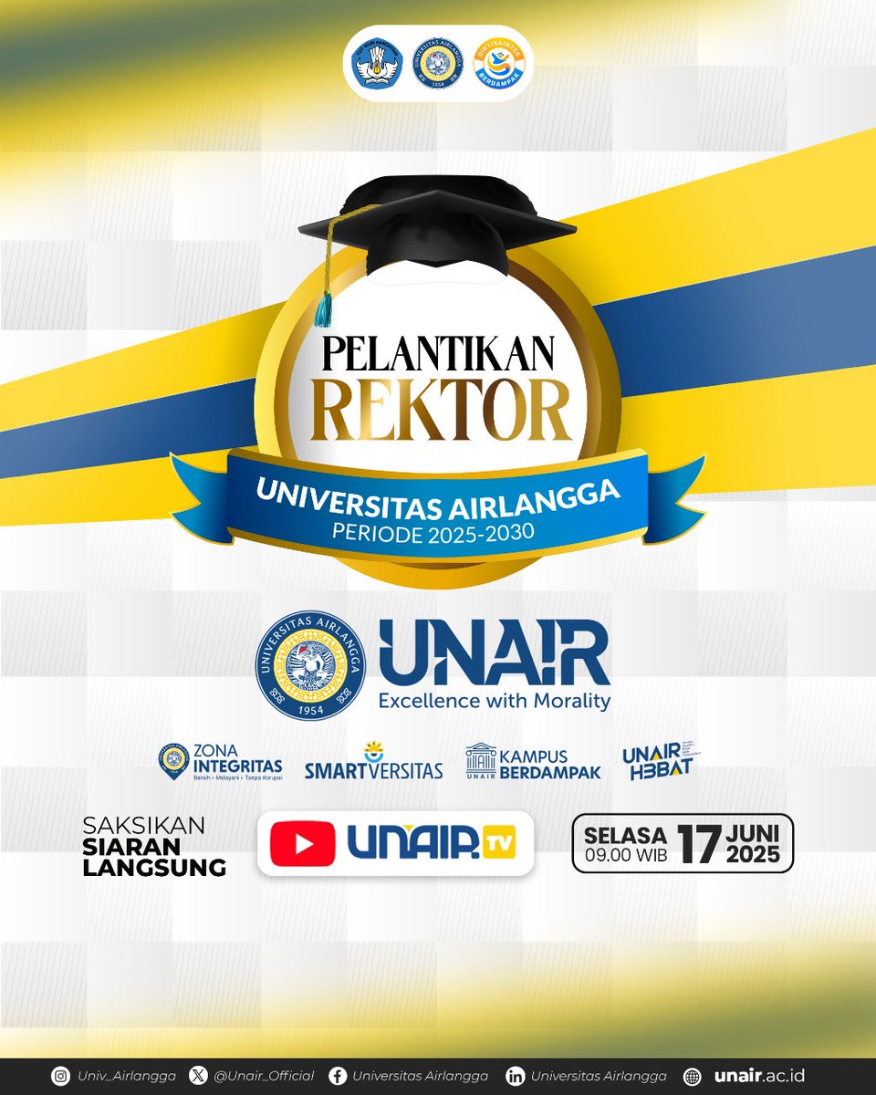 🎓 Universitas Airlangga segera menyambut pemimpin baru!

Pelantikan Rektor UNAIR Periode 2025–2030 akan dilaksanakan pada:
🗓 Selasa, 17 Juni 2025
⏰ Pukul 09.00 WIB
📺 Disiarkan langsung melalui kanal YouTube UNAIR TV

Mari bersama-sama menjadi saksi awal perjalanan UNAIR