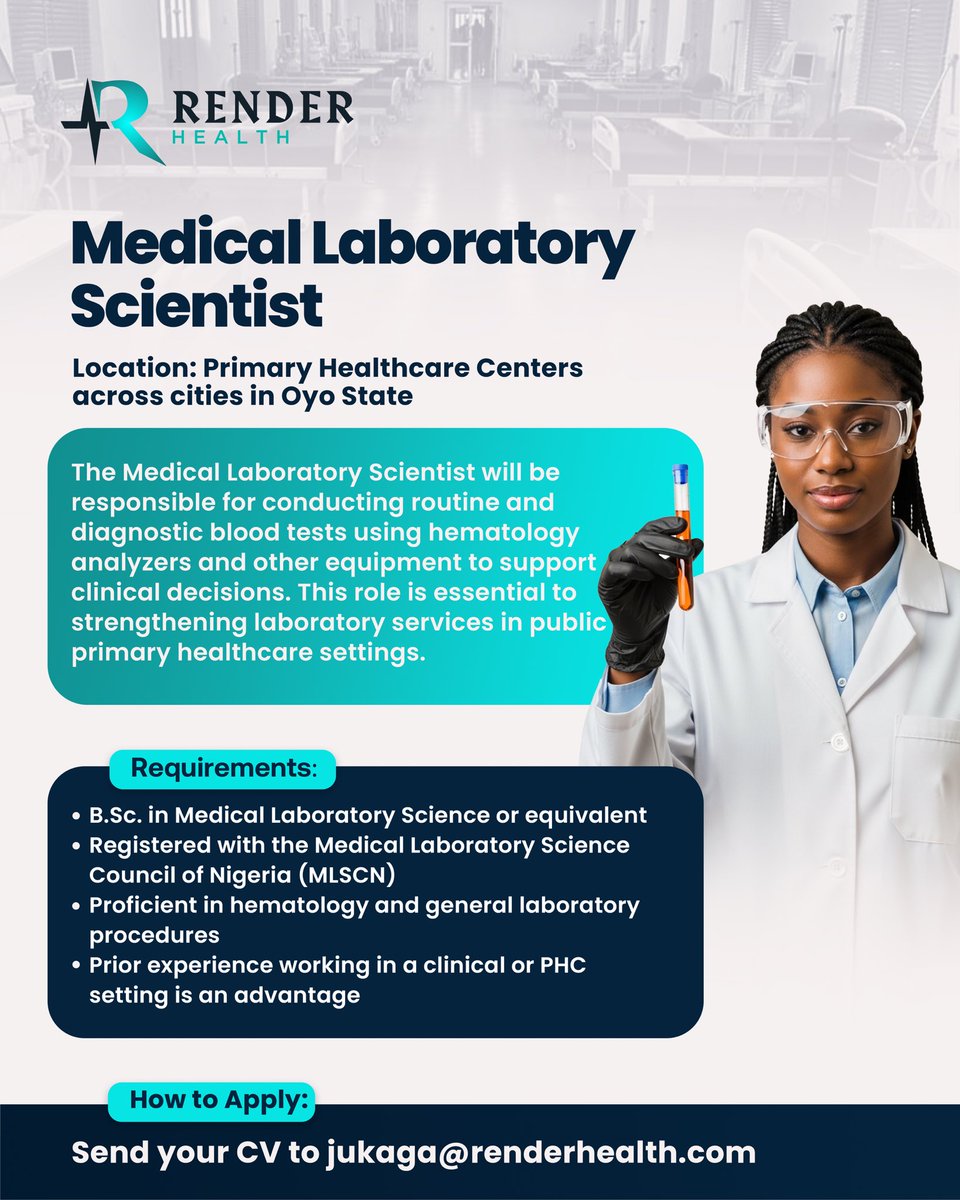 📢 We’re Hiring in Oyo State!
Join Render Health to support primary healthcare across the state.

🔹 Tech &amp; Field Rep
🔹 Sonographer
🔹 Lab Scientist

📍 Must be flexible to travel
📩 Send CV: jukaga@renderhealth.com
#OyoJobs #NowHiring #HealthcareJobs