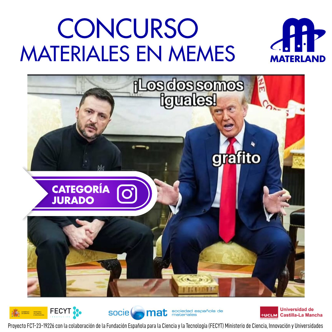 MATERLAND (@materlandfct) on Twitter photo Ganadores #concurso #materialesenmemes
X Jurado 🥇Oriol López
X Público con 198 🔄 y 205 💙 <a href="/fyq_abel/">Abel</a>
Instagram Jurado 🥇 #rogerctpr1
Instagram Público: #quieroaprobarmetales con 22 💙
Gracias participantes 😘
<a href="/FECYT_Ciencia/">FECYT</a> <a href="/uclm_es/">Universidad de Castilla-La Mancha</a> <a href="/SOCIEMAT/">SOCIEMAT</a>
Jurado: <a href="/El__Padi/">José Antonio Padilla Sánchez</a> y #JordiDiaz Ganadores #concurso #materialesenmemes
X Jurado 🥇Oriol López
X Público con 198 🔄 y 205 💙 <a href="/fyq_abel/">Abel</a>
Instagram Jurado 🥇 #rogerctpr1
Instagram Público: #quieroaprobarmetales con 22 💙
Gracias participantes 😘
<a href="/FECYT_Ciencia/">FECYT</a> <a href="/uclm_es/">Universidad de Castilla-La Mancha</a> <a href="/SOCIEMAT/">SOCIEMAT</a>
Jurado: <a href="/El__Padi/">José Antonio Padilla Sánchez</a> y #JordiDiaz
