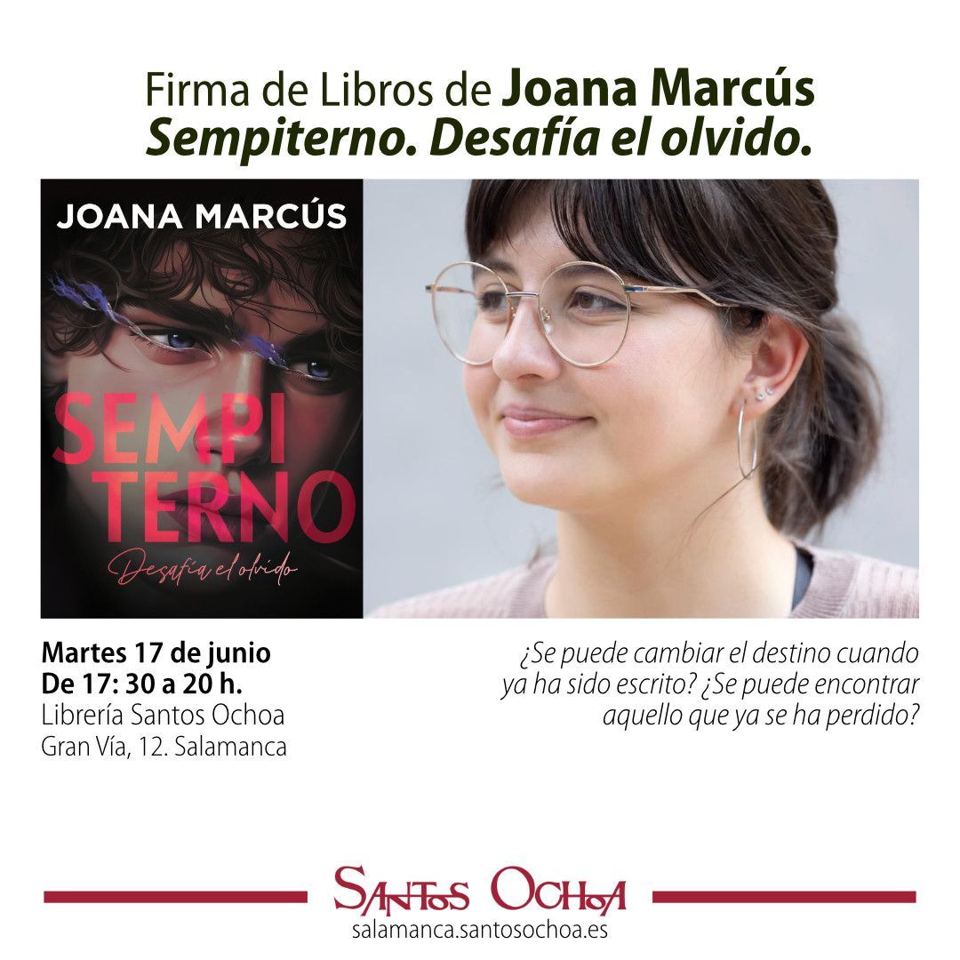 Santos Ochoa Salamanca (@santosochoasal) on Twitter photo ✒ Firma de libros de <a href="/joanamarcusx/">Joana Marcús🍂</a>
📅 Martes 17 de junio | De 17:30 a 20 h.
📌 Librería Santos Ochoa (Gran Vía, 12, Salamanca)
"Sempiterno". ¿Se puede cambiar el destino cuando ya ha sido escrito?
Más info 👇
blogs.santosochoa.es/salamanca/even…
<a href="/penguinlibros/">Penguin España 🐧📚</a> ✒ Firma de libros de <a href="/joanamarcusx/">Joana Marcús🍂</a>
📅 Martes 17 de junio | De 17:30 a 20 h.
📌 Librería Santos Ochoa (Gran Vía, 12, Salamanca)
"Sempiterno". ¿Se puede cambiar el destino cuando ya ha sido escrito?
Más info 👇
blogs.santosochoa.es/salamanca/even…
<a href="/penguinlibros/">Penguin España 🐧📚</a>