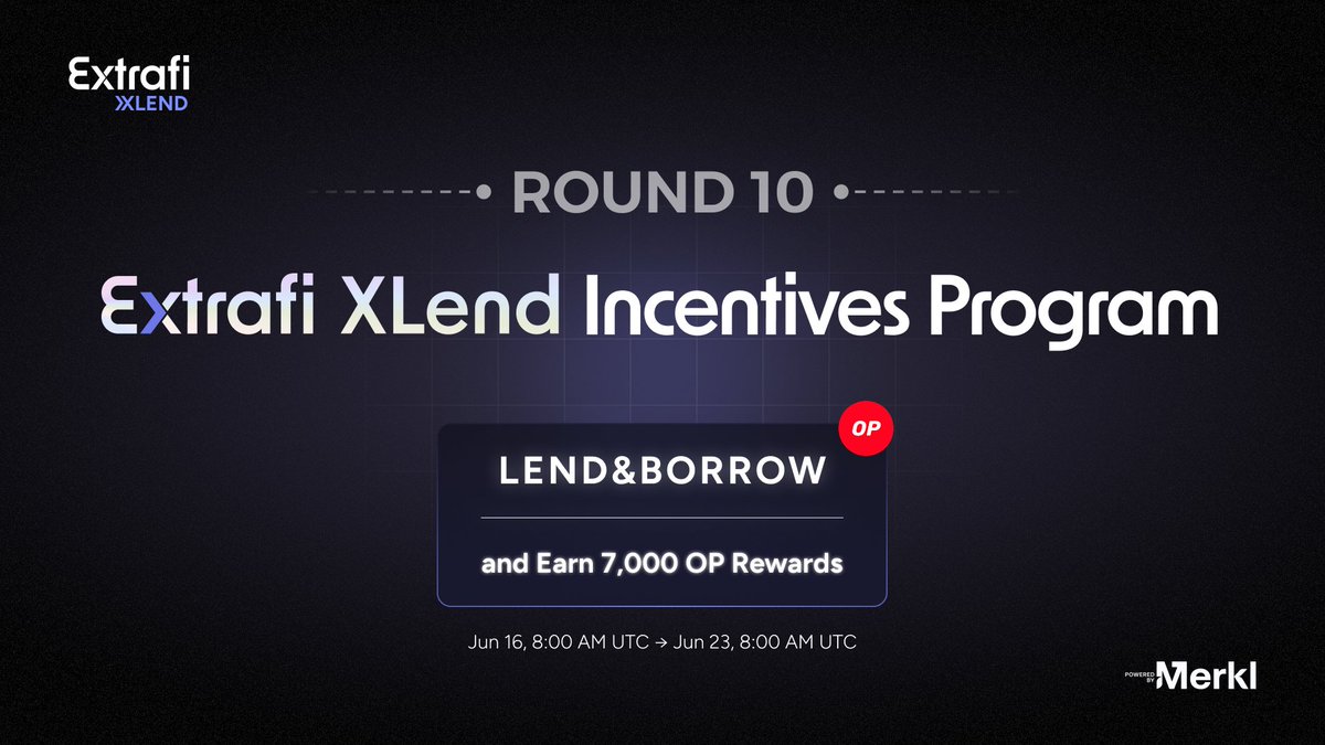 🔥 Extrafi XLend Incentives Round 10 is live — 7,000 $OP in rewards, powered by <a href="/merkl_xyz/">Merkl</a> !

This week’s lending highlights:
🔴 5.9% | USDC on OP Mainnet
🔵 6.7% | USDC on Base
Whether you’re lending or borrowing, you’re earning.
Same plan, fresh rewards.

🗓️ Jun 16 to Jun 23,