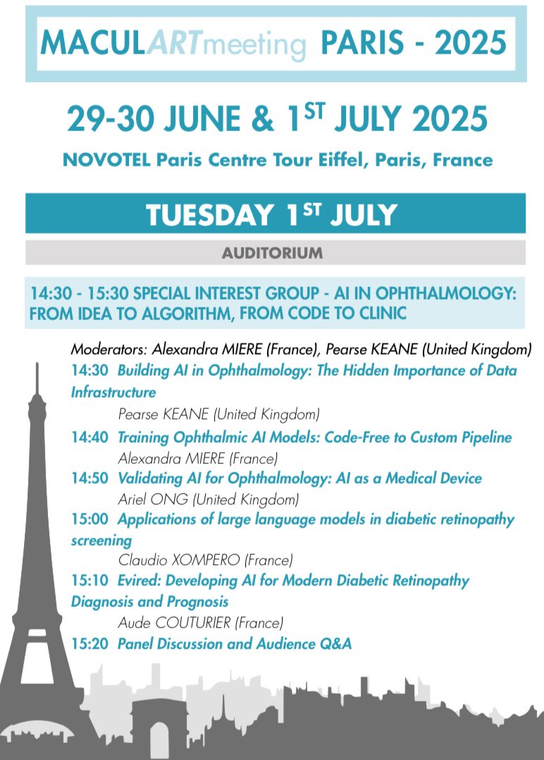 Alexandra Miere (@alexandra_miere) on Twitter photo How is AI transforming ophthalmology?
Excited to co-moderate the AI in Ophthalmology SIG at #Maculart2025 with the incredible <a href="/pearsekeane/">Pearse Keane</a> !
🗓 July 1 | 14:30 | Paris
With <a href="/pearsekeane/">Pearse Keane</a> <a href="/ArielYHOng/">Ariel Ong</a> Claudio Xompero Aude Couturier
#AI #Ophthalmology #Retina #Maculart2025 How is AI transforming ophthalmology?
Excited to co-moderate the AI in Ophthalmology SIG at #Maculart2025 with the incredible <a href="/pearsekeane/">Pearse Keane</a> !
🗓 July 1 | 14:30 | Paris
With <a href="/pearsekeane/">Pearse Keane</a> <a href="/ArielYHOng/">Ariel Ong</a> Claudio Xompero Aude Couturier
#AI #Ophthalmology #Retina #Maculart2025