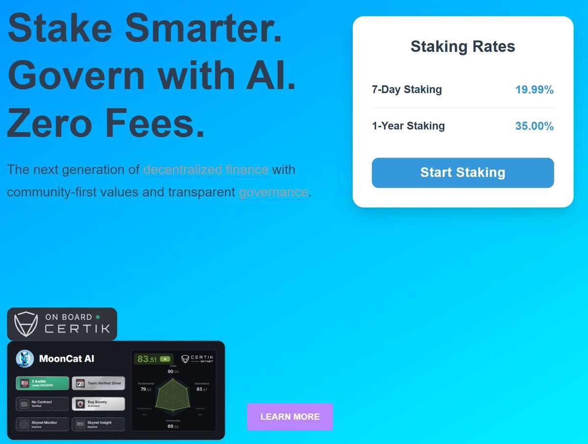 DeFi Tycoon (@defi_tycoon) on Twitter photo I am thrilled to announce that @MoonCat_ai Testnet Staking is now officially LIVE! π
Stake your $MCT on UniChainβs Sepolia testnet with zero fees, AI-powered governance, and flexible staking periods βΌ
β 7βday pool @β―19.99β―% APR β fast cycle, short-term yield
β 1βyear pool I am thrilled to announce that @MoonCat_ai Testnet Staking is now officially LIVE! π
Stake your $MCT on UniChainβs Sepolia testnet with zero fees, AI-powered governance, and flexible staking periods βΌ
β 7βday pool @β―19.99β―% APR β fast cycle, short-term yield
β 1βyear pool