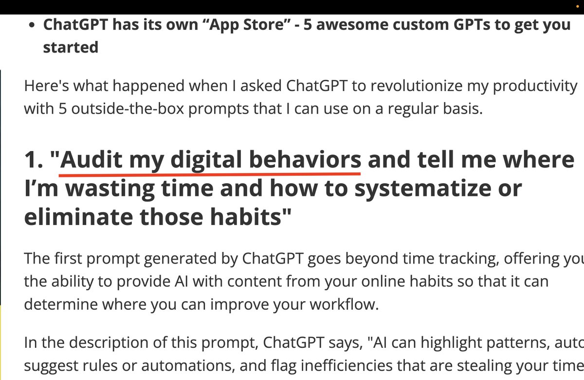I asked ChatGPT to help me revolutionize my productivity, and it gave me this AI prompt ideas

Audit my digital behaviors 🤔