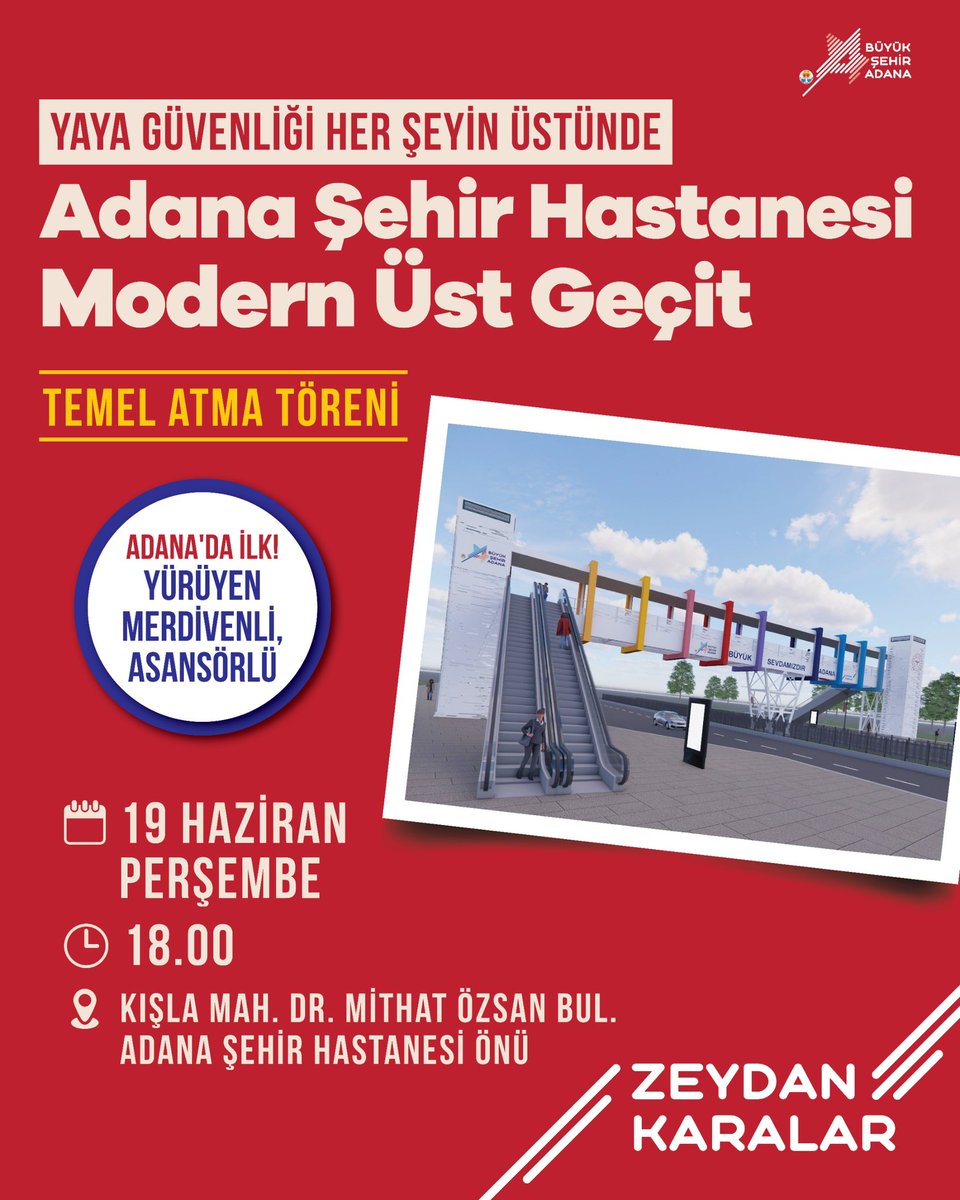 ZeydanKaralar01's tweet photo. Adana’da bir ilki daha gerçekleştiriyoruz.

Adana Şehir Hastanesi önünde, yürüyen merdivenli ve asansörlü modern yaya üst geçidimizin temelini hep birlikte atıyoruz.

📅 19 Haziran Perşembe
🕕 18.00
📍 Kışla Mah. Dr. Mithat Özsan Blv. – Şehir Hastanesi önü https://t.co/DGW7ytdXG1