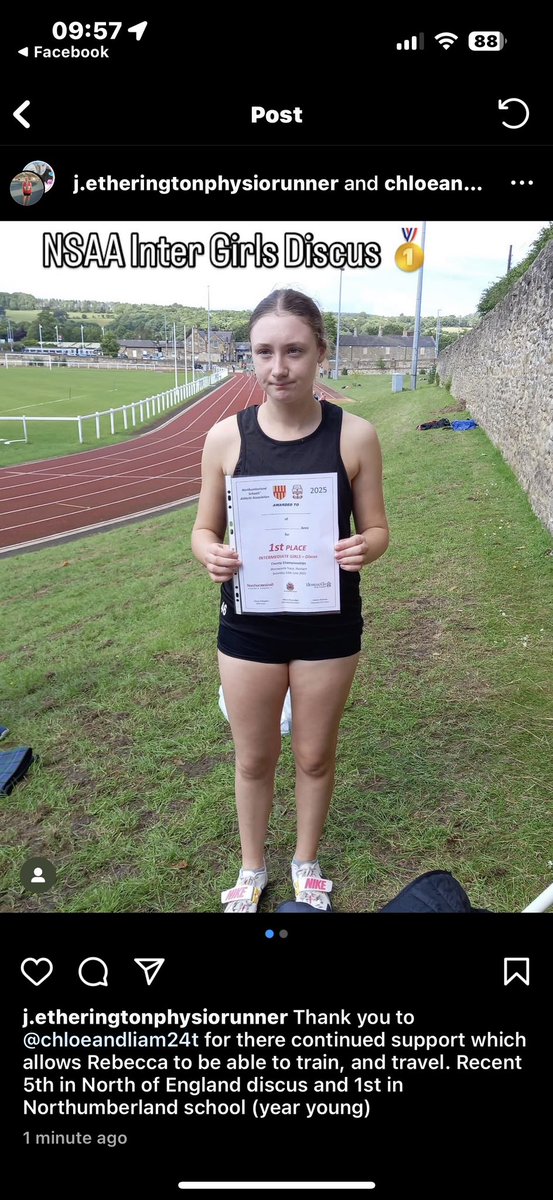 An update from our bursary recipient 
Rebecca Etherington 🩷💙

Thank you to <a href="/chloeandliam24t/">chloeandliamtft</a> for there continued support which allows Rebecca to be able to train, and travel. Recent 5th in North of England discus and 1st in Northumberland school (year young)