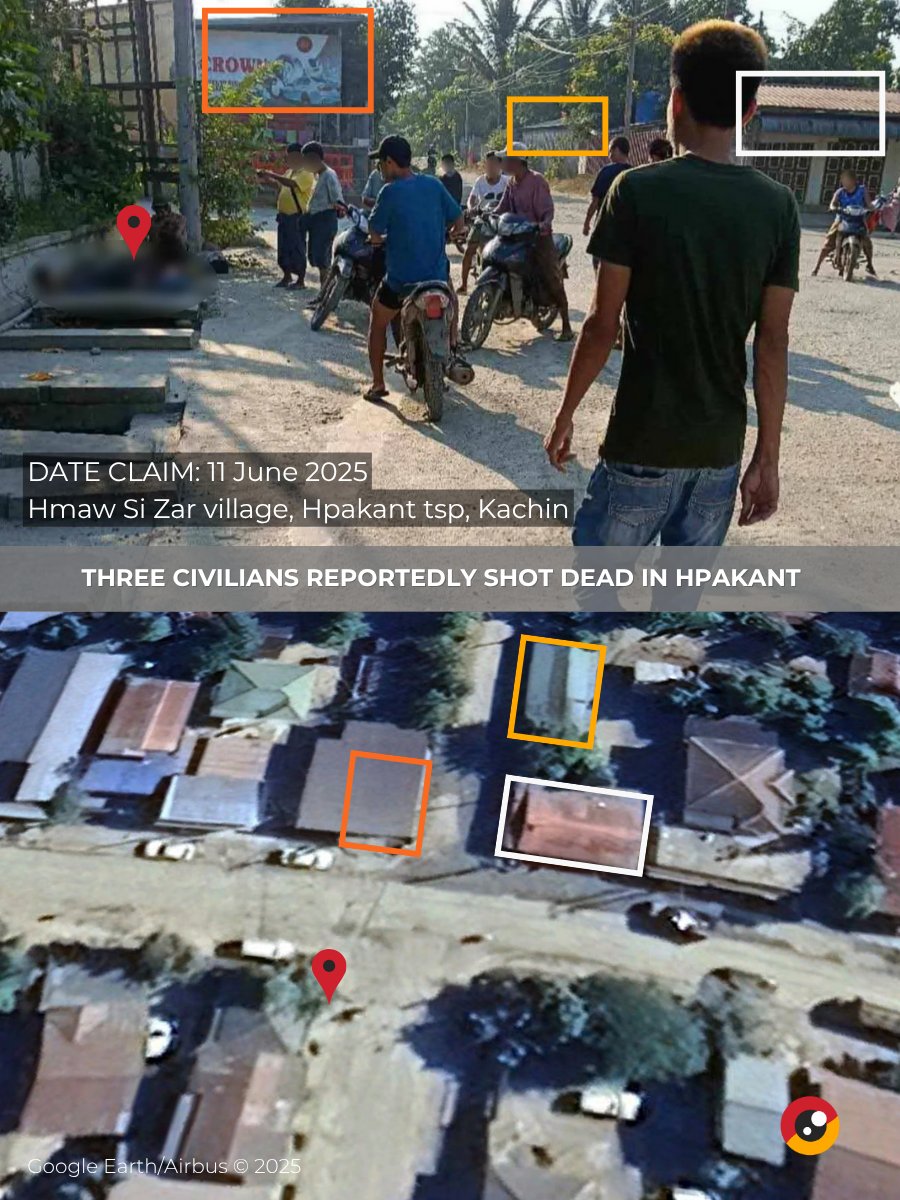 MyanmarWitness's tweet photo. 🚨 Three civilians reportedly shot dead in Hpakant
☑️ Hpakant, Kachin
11 June 2025
On the night of 11 June, three civilians, reportedly jade mining workers, were shot dead by Myanmar military forces in Hmaw Si Zar village, Hpakant township.
According to Narinjara News, the military has been occupying Hmaw Si Zar Pagoda since late May - with reports of frequent detentions and shootings of both locals and workers from outside the area.
Myanmar Witness has geolocated footage of the incident using Google Earth.
Source links in reply.
Image credit to original owner.
#WhatsHappeningInMyanmar #Myanmar