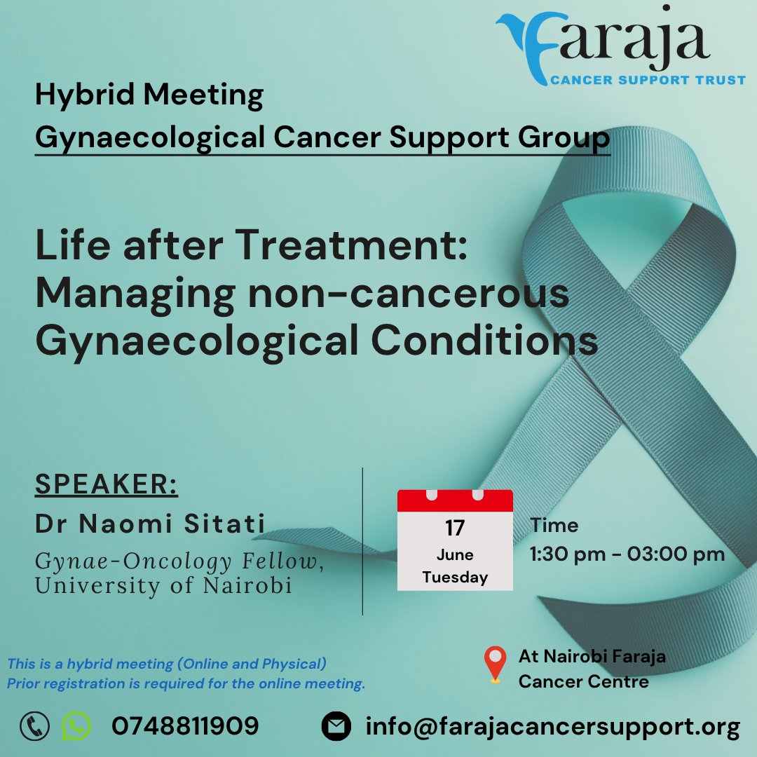 This week at Faraja 💛
🩺 Tue: Gynaecological Cancer Support – Nairobi
🗣️ Wed: Head &amp; Neck Cancer Support – Nairobi
🏥 Fri: Head &amp; Neck Cancer Support – Eldoret
Spaces to share. Spaces to heal. You are not alone.

#CancerSupportinKenya
