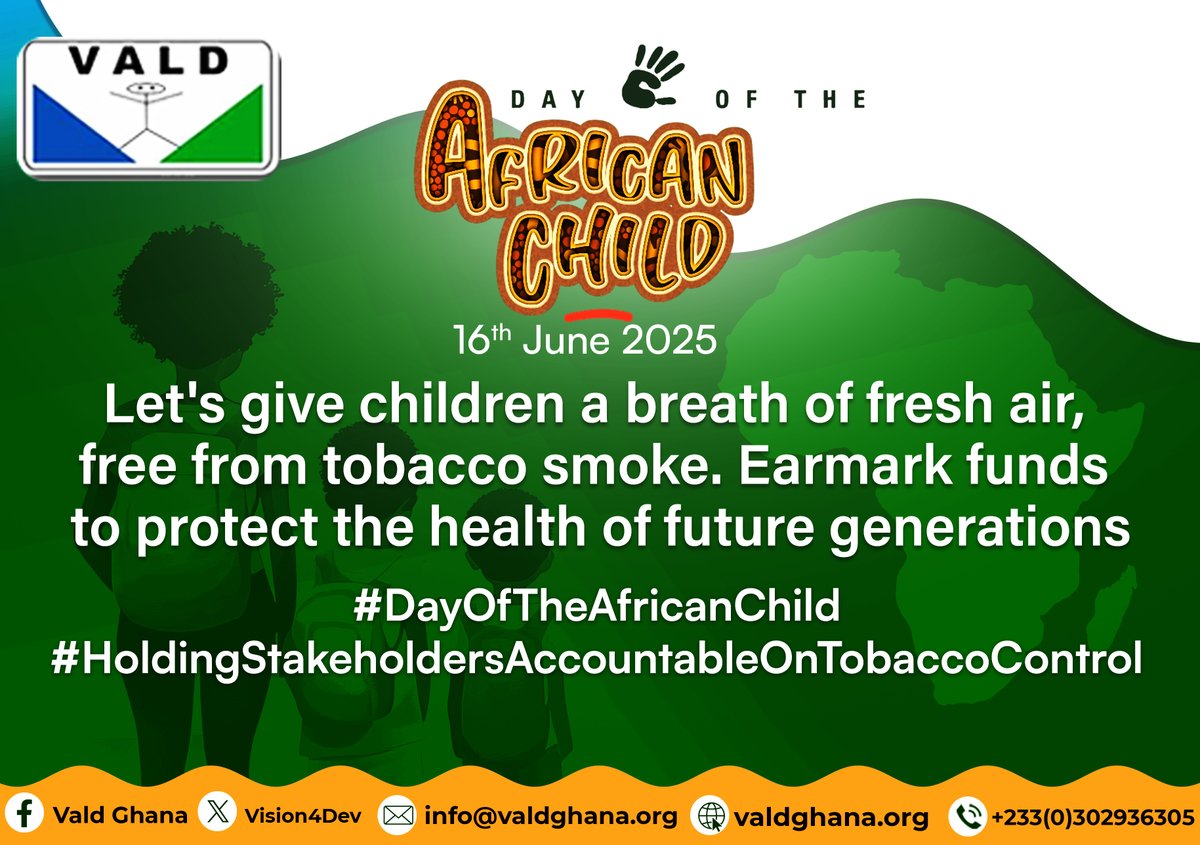 Vision4Dev's tweet image. Every Child deserves clean air and a healthy start. 
Say yes to tobacco-free spaces.
#DayOfTheAfricanChild
#HoldingStakeholdersAccountableOnTobaccoControl