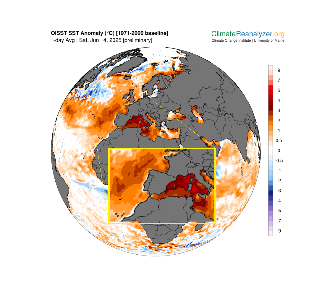 Navarrameteo's tweet photo. 🌡️ La anomalía térmica positiva del #Mediterráneo occidental es muy llamativa en los últimos días. En amplias zonas supera los 3º por encima del promedio, incluso los 4º localmente en el #Tirreno
En el mar #Balear la anomalía es de +3,55º sobre el promedio 1982-2015 (img 2) https://t.co/7AEkFKAHJw