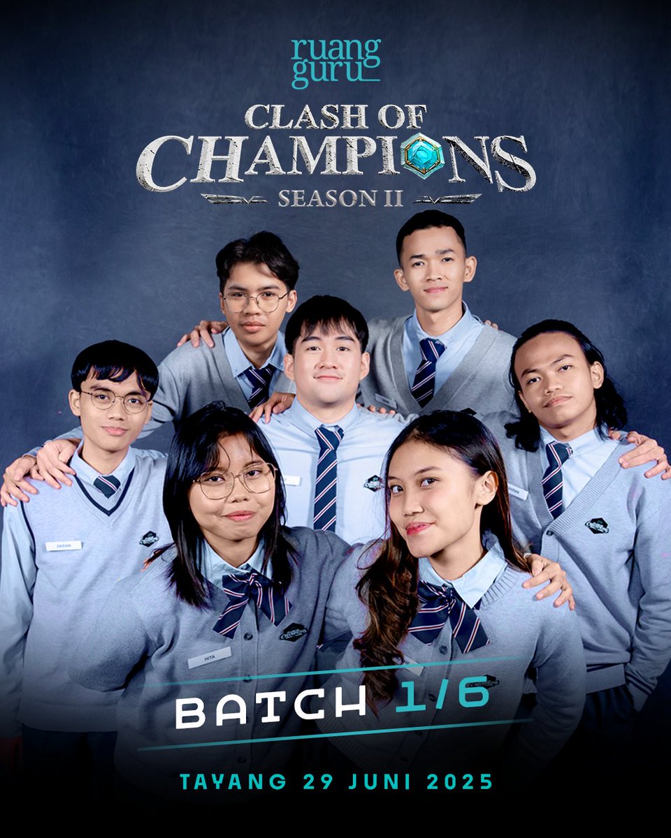 ruangguru's tweet photo. Cast Reveal - Ruangguru Clash of Champions Season 2 🔥

Musim kedua Clash of Champions resmi dimulai, dan inilah tujuh mahasiswa luar biasa yang akan ikut bersaing! Mereka datang dari berbagai kampus top di Indonesia 🤯 https://t.co/hS2N261leX