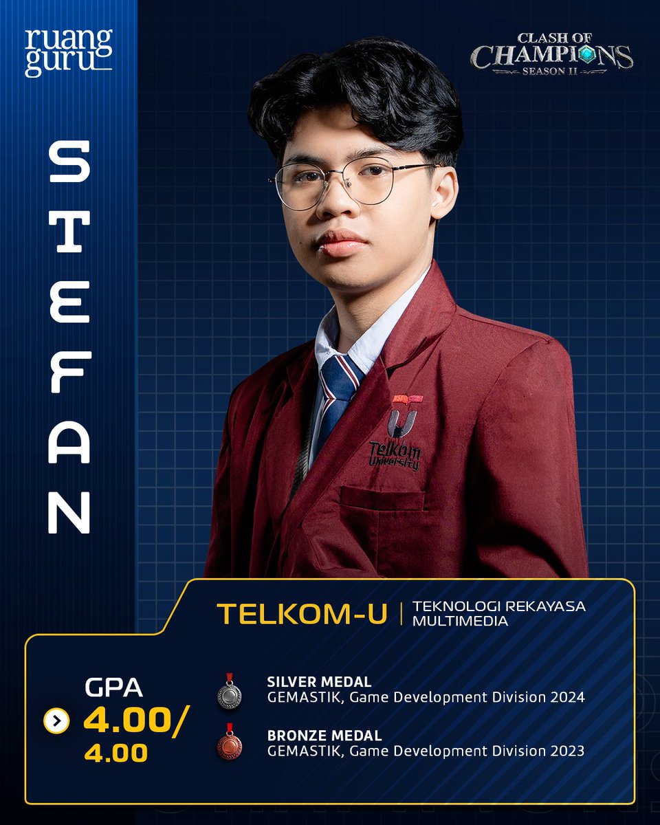 ruangguru's tweet photo. ✨ Stefan (IG: sstefan7_) / Telkom-U / Teknologi Rekayasa Multimedia

- Silver Medal – GEMASTIK, Game Development Division 2024
- Bronze Medal – GEMASTIK, Game Development Division 2023 https://t.co/h0CmlYi32z