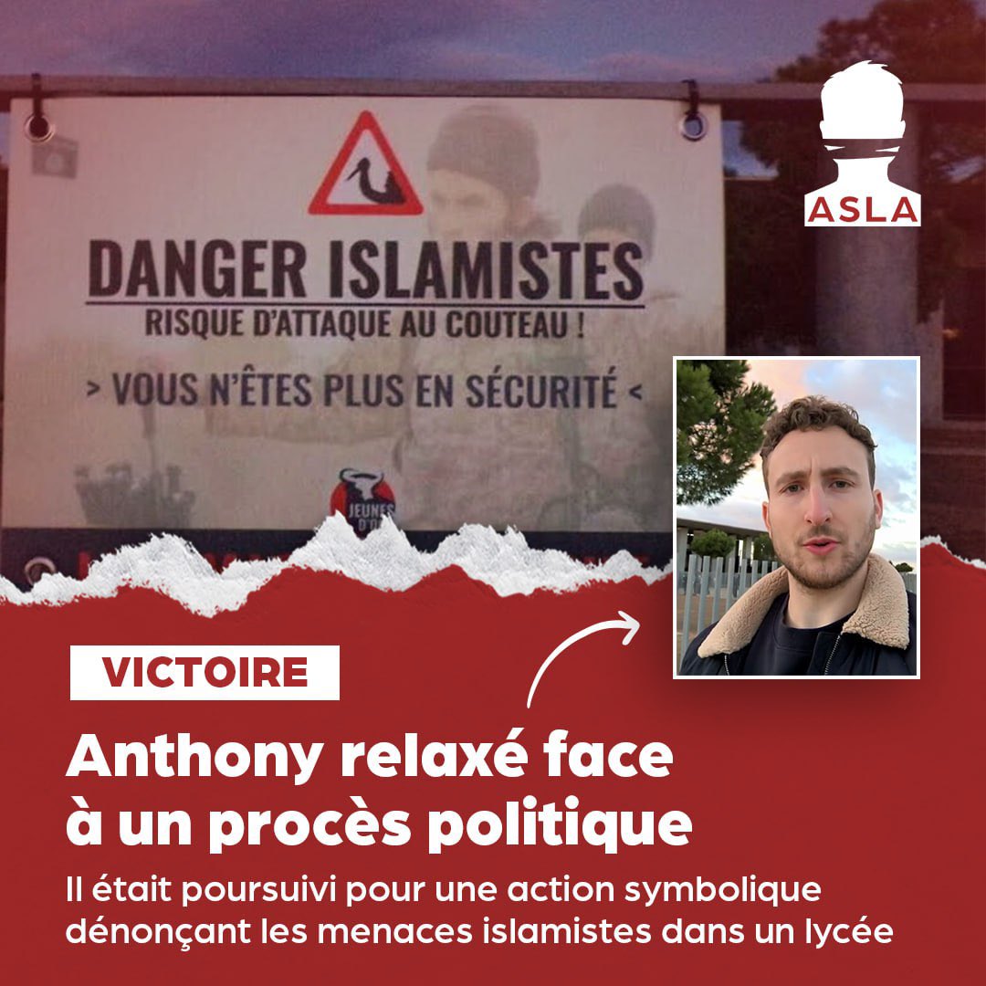 ASLA (@asla_asso) on Twitter photo ✅ Anthony, activiste identitaire montpelliérain et porte-parole des <a href="/jeunesdoc/">Jeunes d'Oc</a>, est RELAXÉ.
C’est une nouvelle victoire pour l’ASLA et la liberté d’expression !
👉 Poursuivi pour une simple pancarte dénonçant l’islamisme dans un lycée de l’Hérault, il ressort libre.
👇 Voici ✅ Anthony, activiste identitaire montpelliérain et porte-parole des <a href="/jeunesdoc/">Jeunes d'Oc</a>, est RELAXÉ.
C’est une nouvelle victoire pour l’ASLA et la liberté d’expression !
👉 Poursuivi pour une simple pancarte dénonçant l’islamisme dans un lycée de l’Hérault, il ressort libre.
👇 Voici