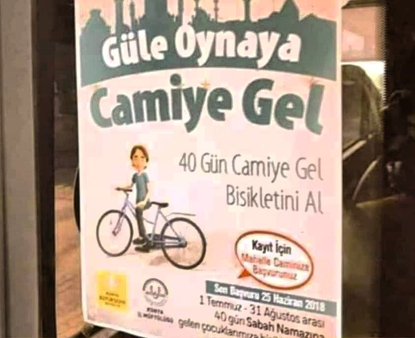 Болалар учун реклама, Туркия

"Масжидга тўхтовсиз 40 кун келинг ва велосипедга эга бўлинг"

Фарзандни намозга мана шу тарзда ундаш лозим.