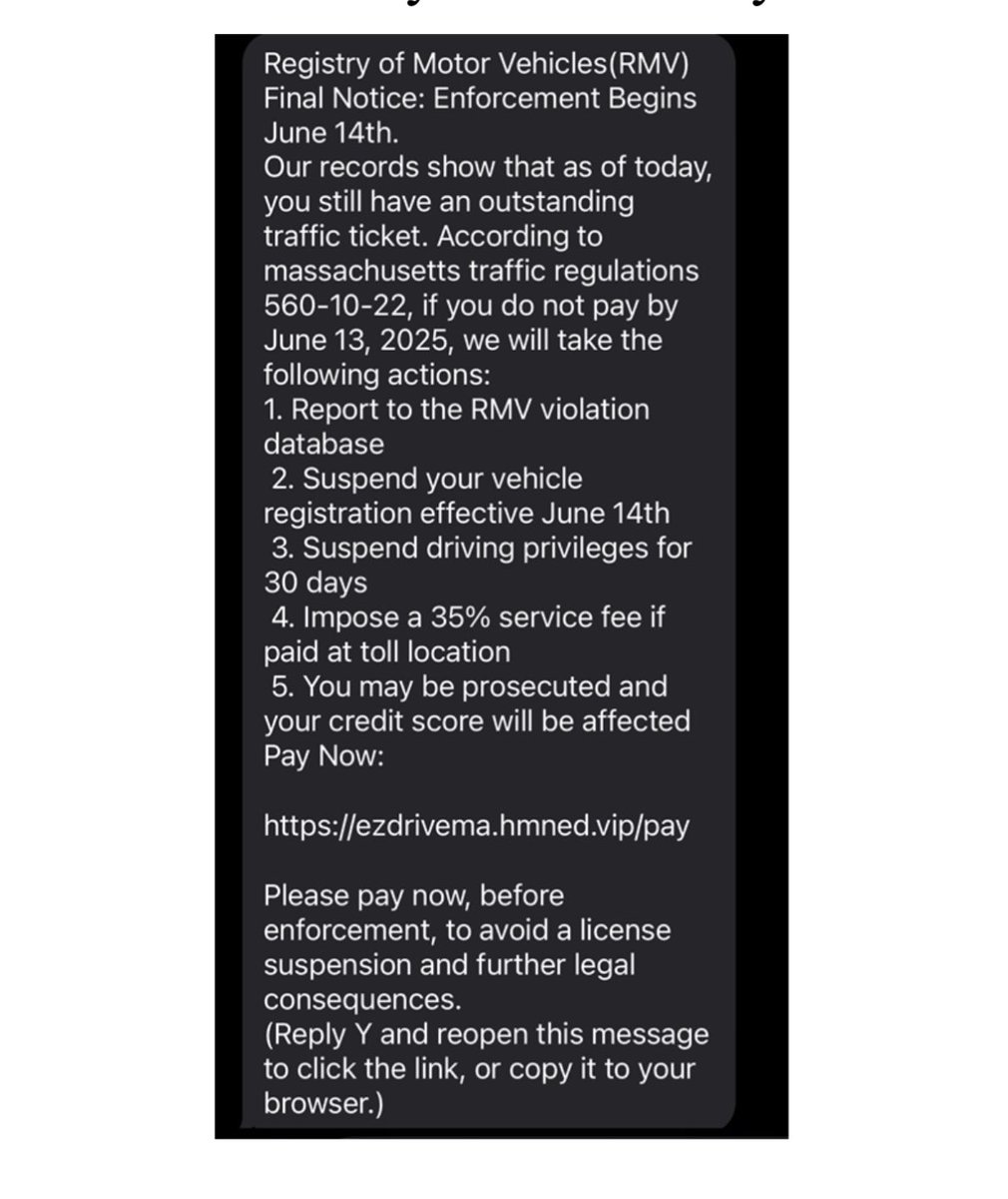 Scam Alert! 

Do not visit websites that you do not trust, verify text messages using a reliable phone number from your own records or a website, avoid clicking links in text messages. 

You may have recently received a text similar to this: