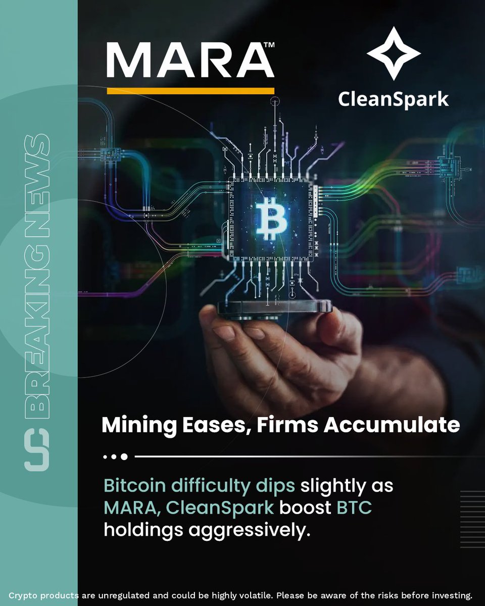Mining Eases, Accumulation Rises!
Bitcoin's mining difficulty has dipped slightly — but that’s not slowing down the big players.

Firms like Marathon Digital (MARA) and CleanSpark are aggressively stacking their BTC reserves, signaling strong institutional confidence.

The miners