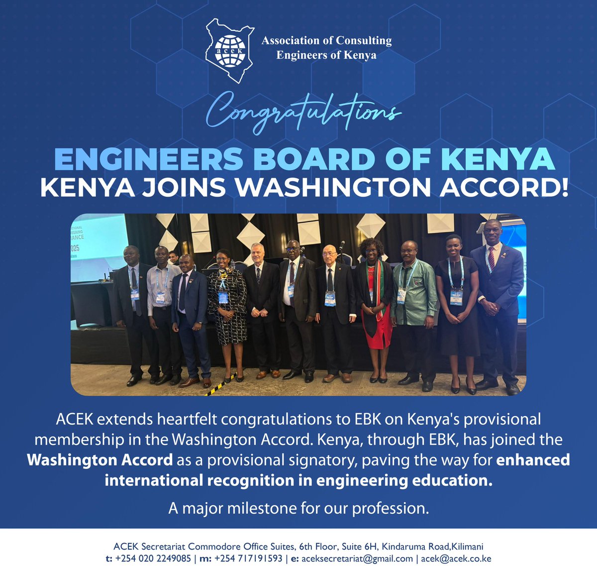 The Association of Consulting Engineers of Kenya (@acek1968) on Twitter photo Kenya takes a bold step forward in global engineering standards! ๐ฐ๐ช๐
Congratulations to the Engineers Board of Kenya (<a href="/EngineersBoard/">Engineers Board of Kenya</a>) on joining the Washington Accord as a provisional signatory โ a proud moment for the profession and a leap toward international recognition in Kenya takes a bold step forward in global engineering standards! ๐ฐ๐ช๐
Congratulations to the Engineers Board of Kenya (<a href="/EngineersBoard/">Engineers Board of Kenya</a>) on joining the Washington Accord as a provisional signatory โ a proud moment for the profession and a leap toward international recognition in