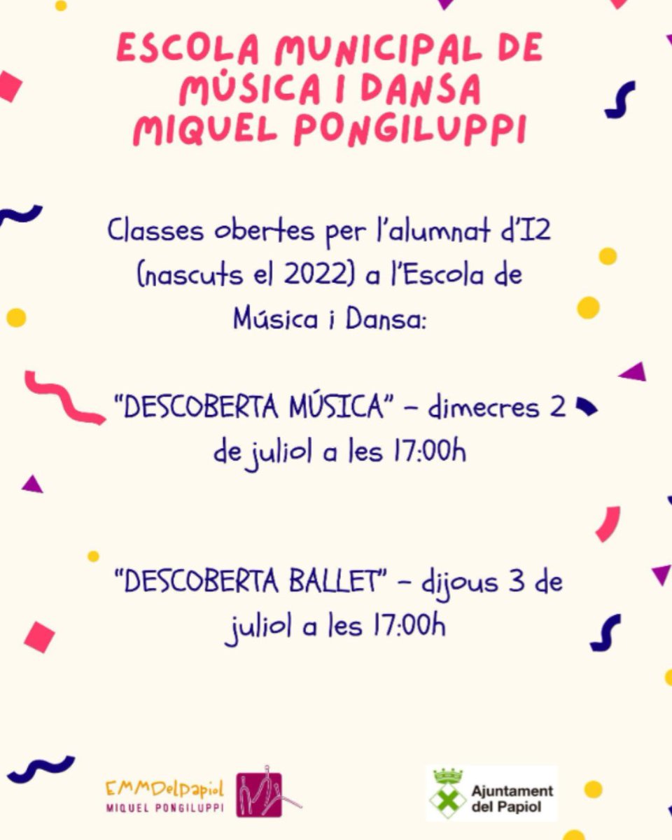 🎶 L’Escola Municipal de Música i Dansa Miquel Pongiluppi obre les seves portes als infants nascuts l’any 2022 amb dues sessions de descoberta gratuïtes!
✉️ Es recomana inscripció prèvia enviant un correu a: a8056468@xtec.cat
